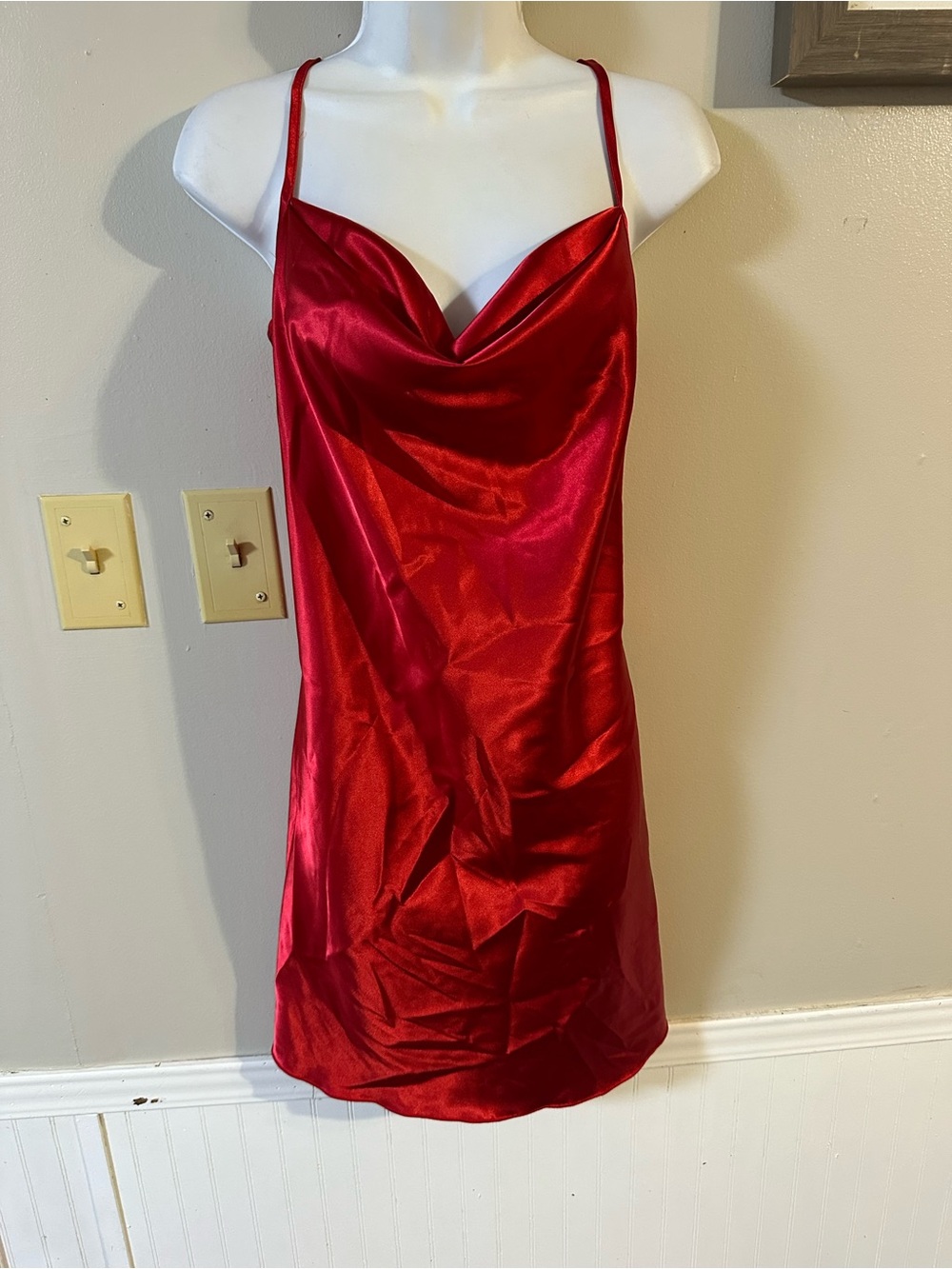 bebe Red Satin Cowl Slip Dress